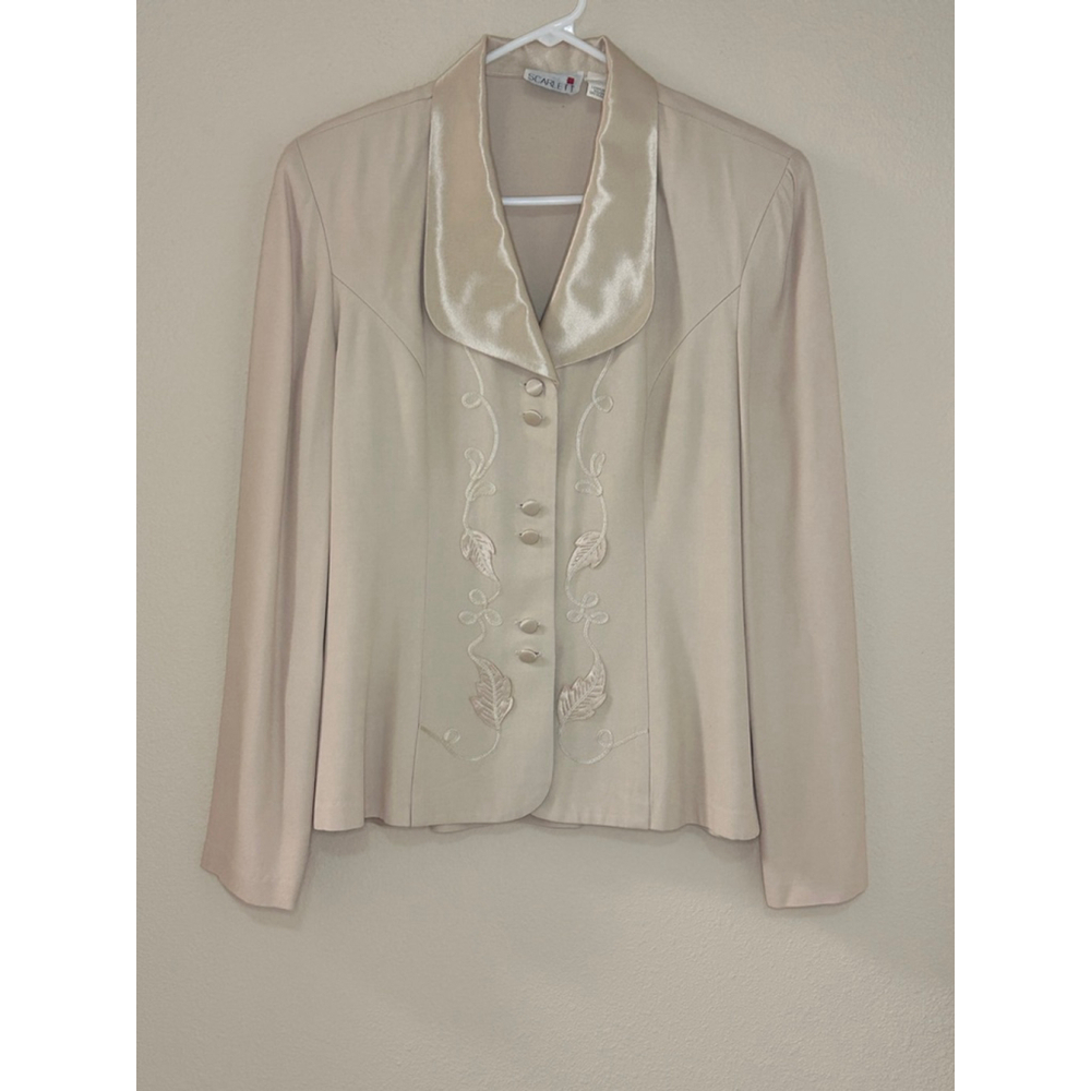 Vintage Scarlett Women's Size 9/10 Beige Embroidered Blazer Tie Back Waist